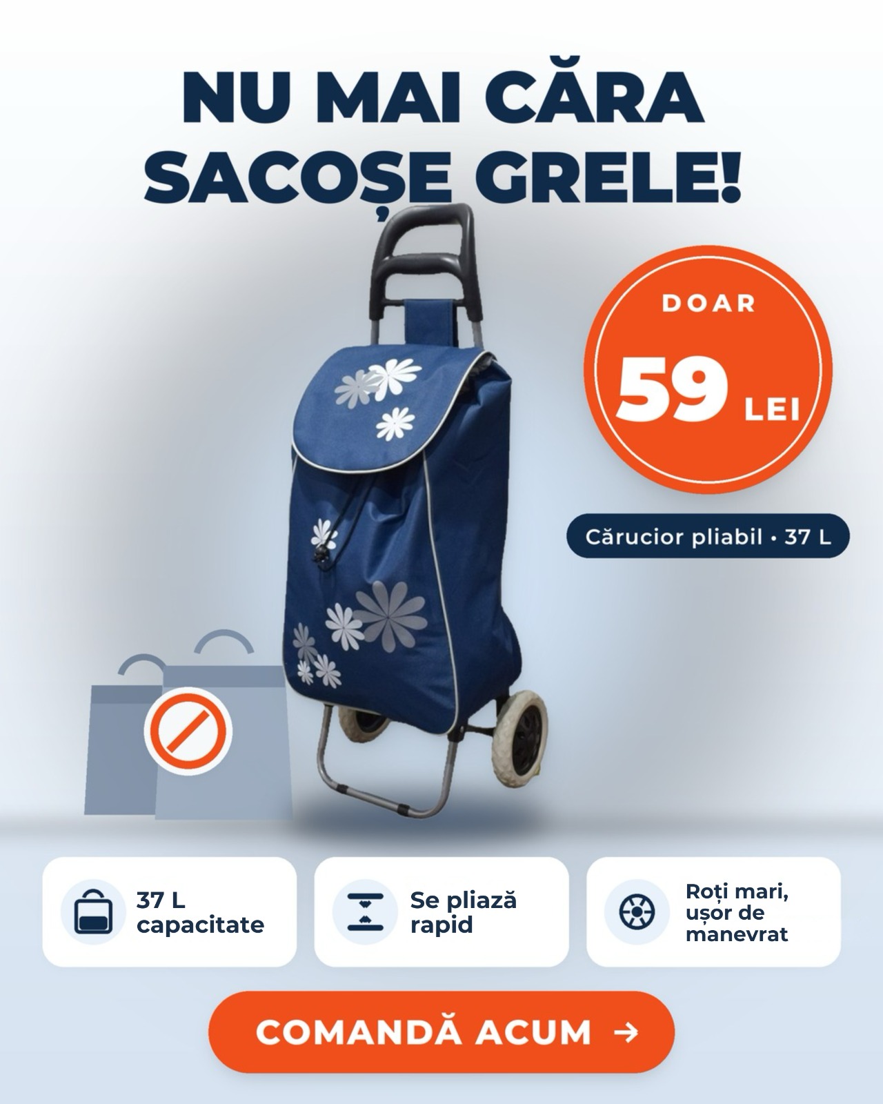 Carucior de Piata Pliabil, 37 L, 2 Roti - 4