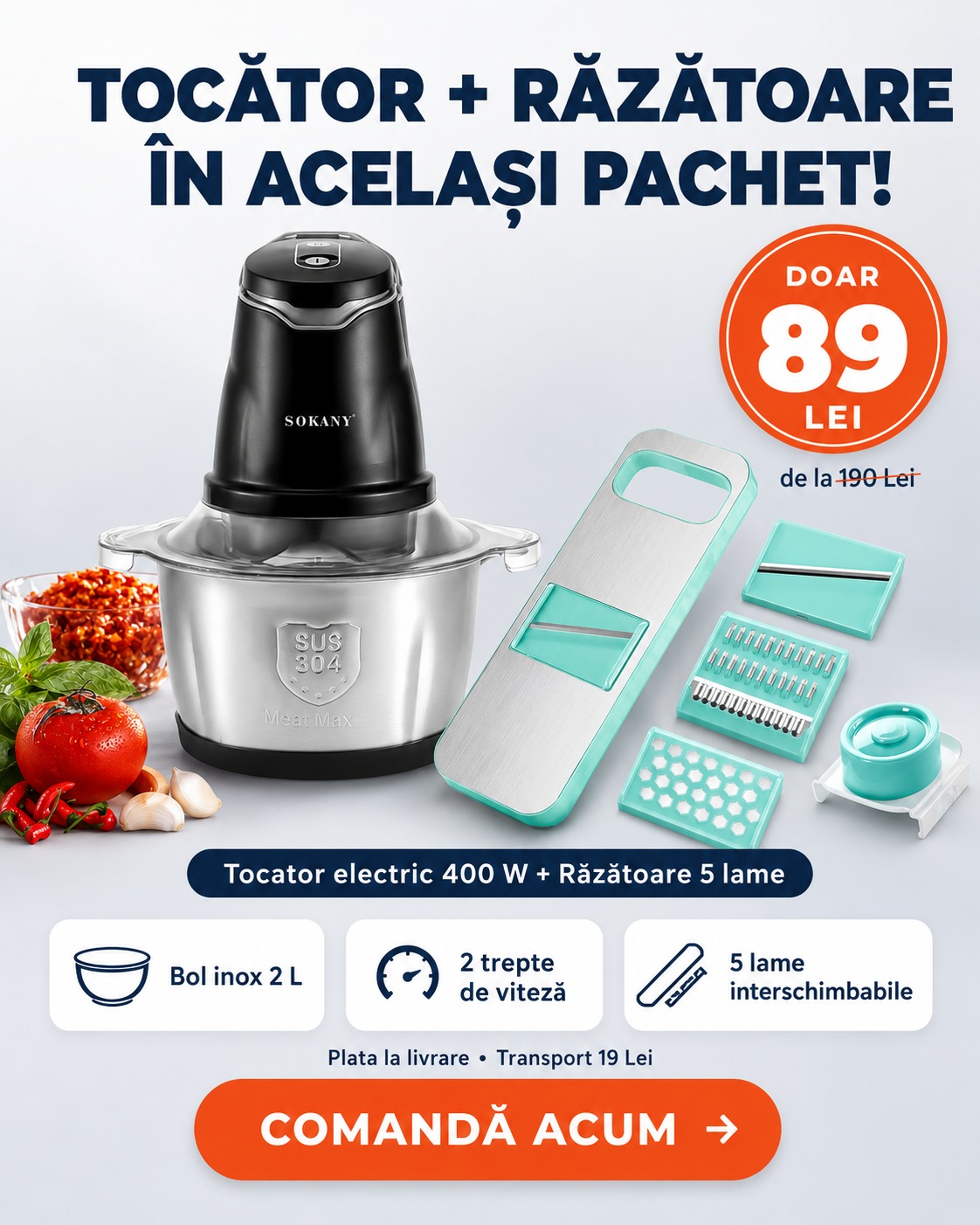 Pachet Tocator Electric Sokany 400 W + Razatoare cu 5 Lame - 12